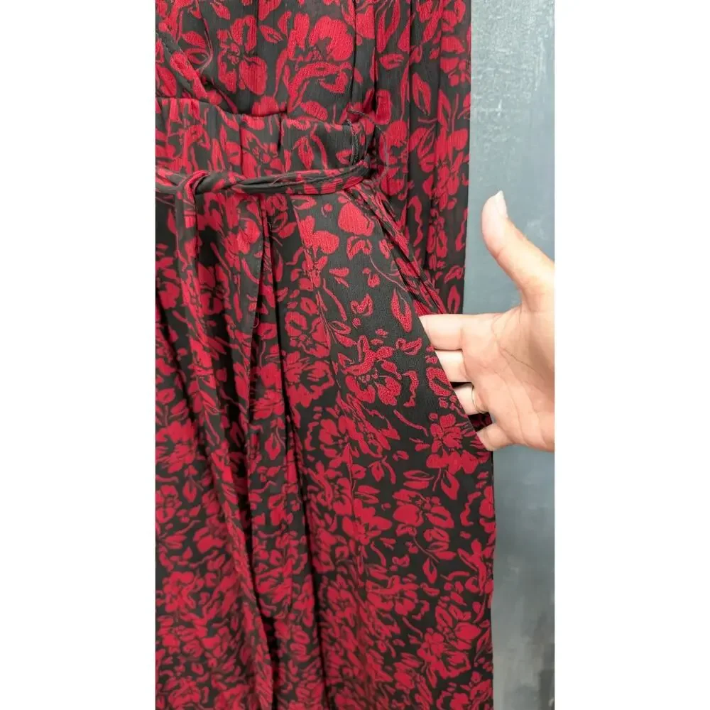 Torrid Black Red Midi Dress 00 Large V Neck sheer Balloon Sleeve Pockets - Picture 3 of 14